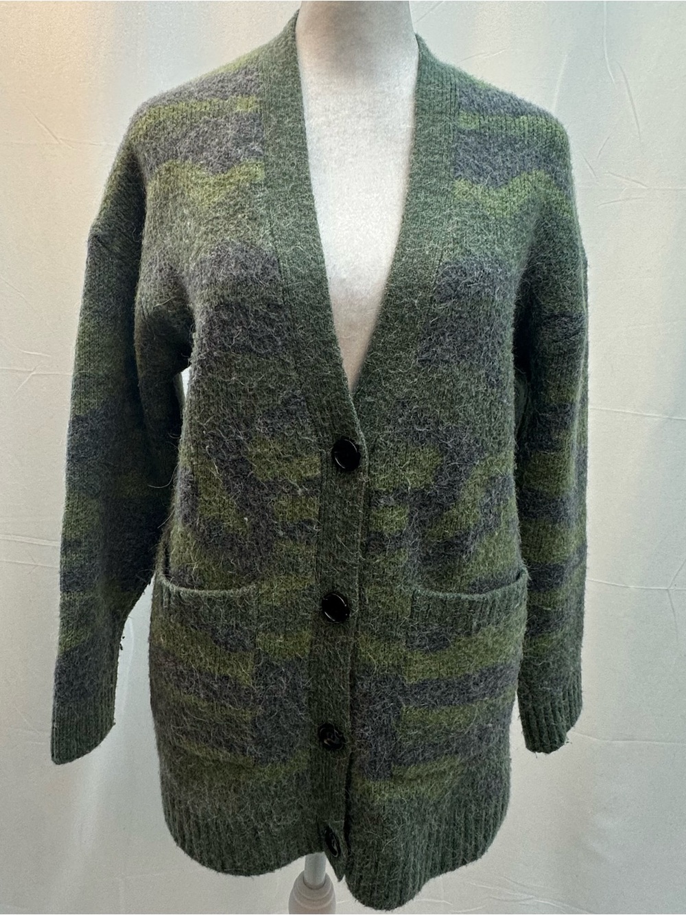 Rails Green & Gray Fuzzy Button-Front Cardigan S